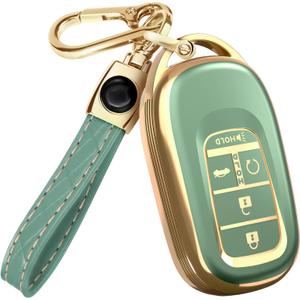 Lucrum Compatible with Honda Key Fob Cover & Leather Keychain - TPU Keyfob Case for Accord Civic CR-V HR-V Pilot Ridgeline, For 5 Button Remote (2022-2026) - Green and Gold