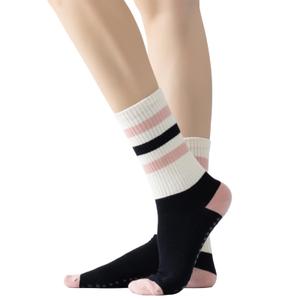 Verdancy Yoga Pilates Socks with Grips for Women Non Slip Striped Cushioned Crew Socks for Barre Ballet Dance (White/Pink-Lucky)