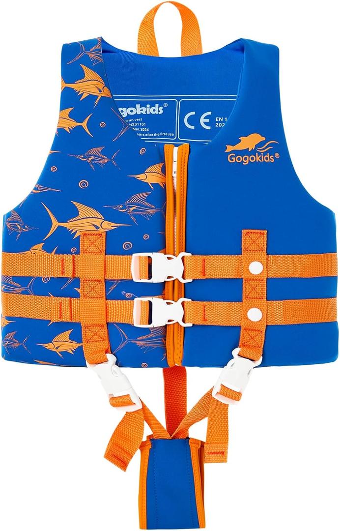 Gogokids Toddler Swim Vest, Kids Floaties Boys & Girls Buoyancy Jacket for Pool & Beach, L (6-7 Years) / 22-60 lbs (Orange Swordfish)