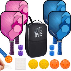 JoncAye Pickleball Paddles Set of 4 or 2, USAPA Approved Fiberglass Rackets with Outdoor Indoor Balls, Bag, Overgrip, Lightweight for Family, Professional Equipment for Beginners Intermediate (Pink, Blue)