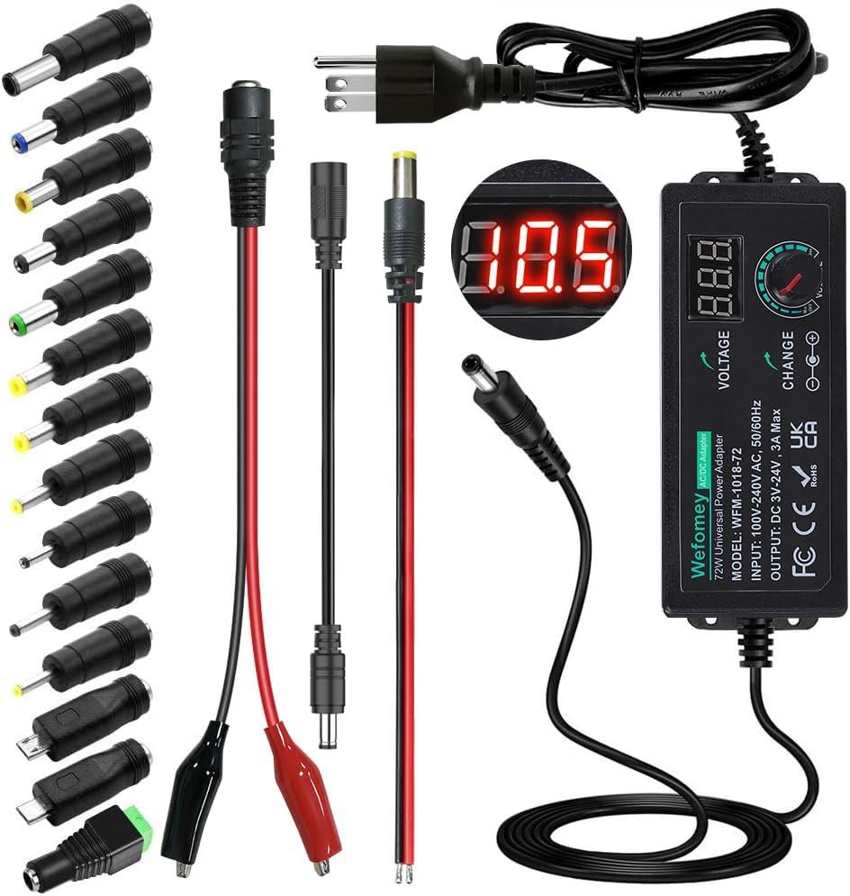 3V~24V 3A 72W Universal Power Supply 3V 5V 6V 9V 12V 15V 18V 20V 24V Adjustable Variable Switching AC/DC Adapter, 100V-240V AC to DC Converter with 14 Tips & Polarity Converter & Test Lead, 3 Prong