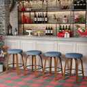 Swivel Bar Stools Set of 2, 24" Counter Height Backless Bar Stools, Fabric Upholstered Seat, Sturdy Curved Wood Legs, Mid-Century Modern Island Stools for Kitchen Bar, Dining Room, Blue