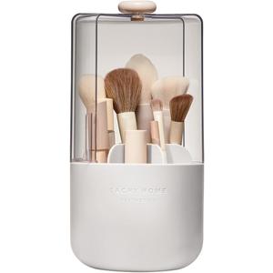 EACHY Makeup Brush Holder with Lid, 360 Rotating Vanity Organizer for Brushes, Dustproof Cosmetic Display Case, 7 Compartments, Waterproof Plastic (White)