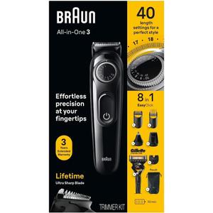Braun All-in-One Style Kit Series 3 3470, 8-in-1 Trimmer for Men with BeardTrimmer, Ear & NoseTrimmer, Hair Clippers & More, Ultra-Sharp Blade, 40 Length Settings, Washable (Silver)