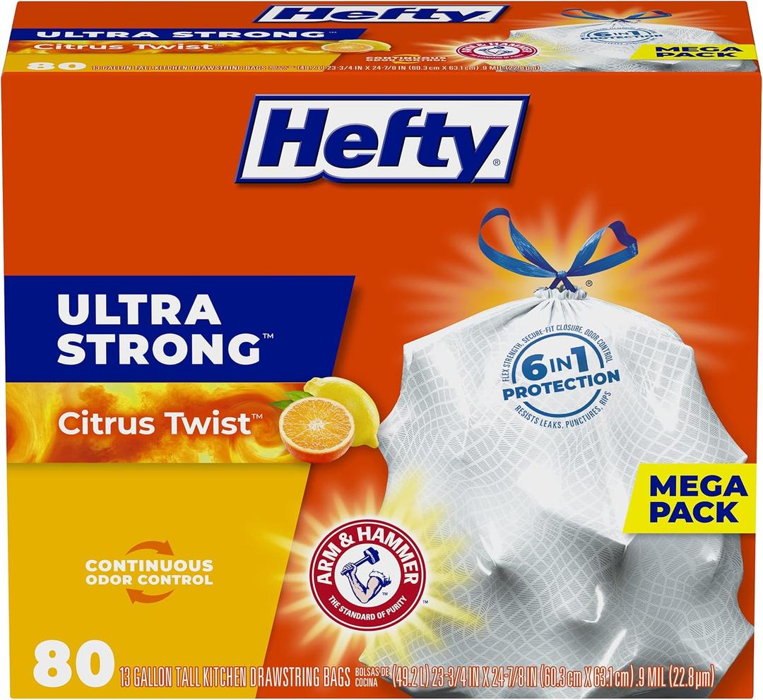 Hefty Ultra Strong Tall Kitchen Garbage Bags, Citrus Twist Scent, 13 Gallon, 80 Count