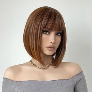 Brown Bob Wig With Bangs Short Brown Wig for Women 12 Inch Straight Bob wig with Bangs Synthetic Colorful Cosplay Daily Party Use (Brown,12Inch)