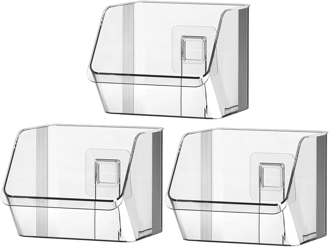 3 Pack Clear Plastic Wall Mount Storage Bins, Kitchen Pantry Cabinet Organizer Containers,Storage Caddy No Drilling Hang Walls/Doors for Kitchen, Bathroom, Bedroom, Office