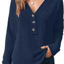 Flamingals Casual Long Sleeve V Neck Tops Solid Waffle Knit Button Front Shirts for Women M