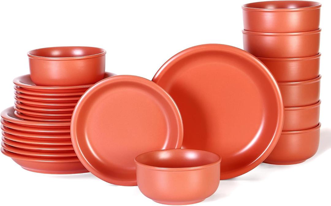 GZG Vintage Series Ceramic Dinnerware Set for 8, 24 Pieces, Terracotta Red | Stoneware Plates and Bowls Set, Lead-Free, Handcrafted Dishes Set, Microwave & Dishwasher Safe