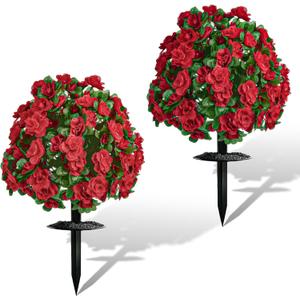 Artificial Flowers for Outdoors, Faux Outdoor Plants Fake Plants Topiary Balls Artificial Outdoor Set of 2 with Ground Spike for Home Front Porch Patio Garden Decor (Red)