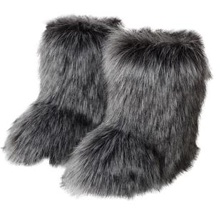 Valpeak Snow Boots for Women 2024 Furry Boots Winter Knee High Flat Heel Fluffy Faux Fur Boots (7 Wide, Dark Gray)