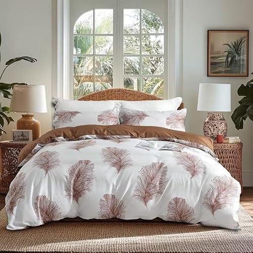 OAITE Duvet Cover Queen Size,Reversible Leaf Brown Duvet Cover Set with Zipper Closure, 3 Pieces Modern Patterns Soft Microfiber Bedding Set with 8 Ties(90’’*90’’,2 Pillow Cases)
