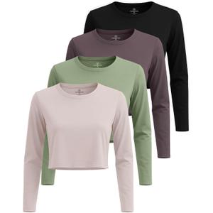 4 Pack Women's Cotton Crop Tops Long Sleeve Cropped Tshirts Crew Neck Tees (Purple, M)