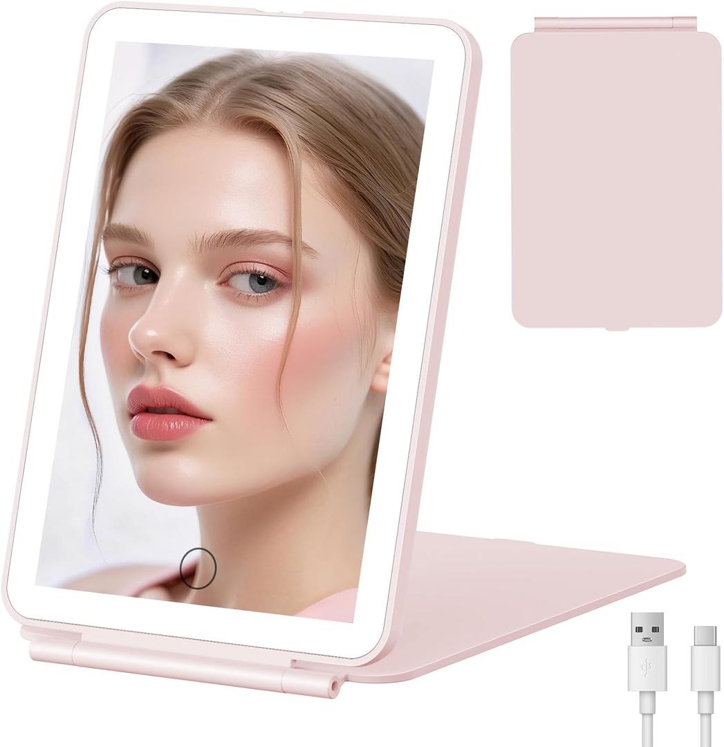 FUNTOUCH Rechargeable Travel Makeup Mirror with Light, 2000mAh Portable Makeup Mirror with 3-Color Lighting, Dimmable Touch Screen, Tabletop LED Folding Cosmetic Compact Vanity Mirror