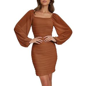 Women Square Neck Lantern Mesh Ruched Bodycon Clubwear Mini Dress Size L