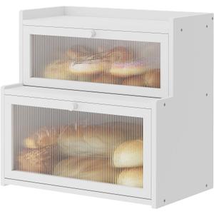 Double Layer Bamboo Bread Box for Kitchen Counter, Bread Holder, Countertop Bread Storage with Window (White)