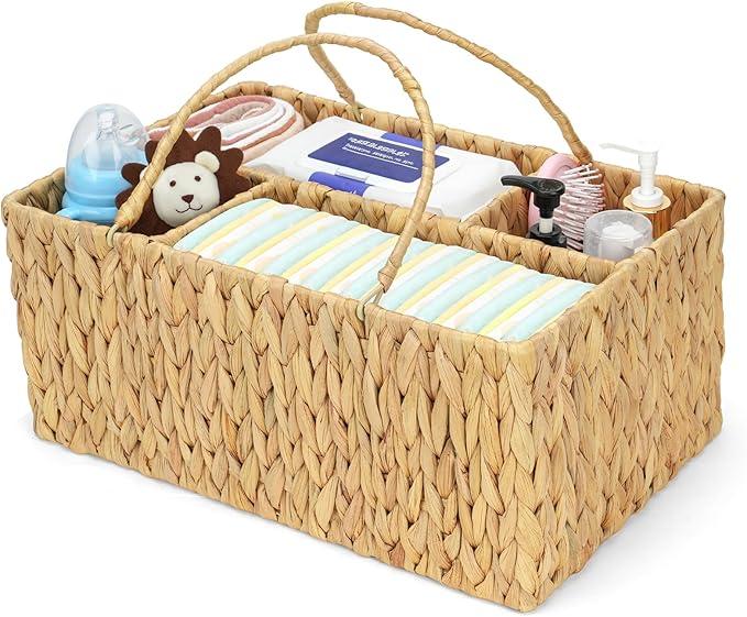 Niuirt Large Baby Diaper Caddy Organizer, Handwoven Water Hyacinth Storage Basket, Portable Wicker Car Diaper Storage Bin for Nursery and Travel