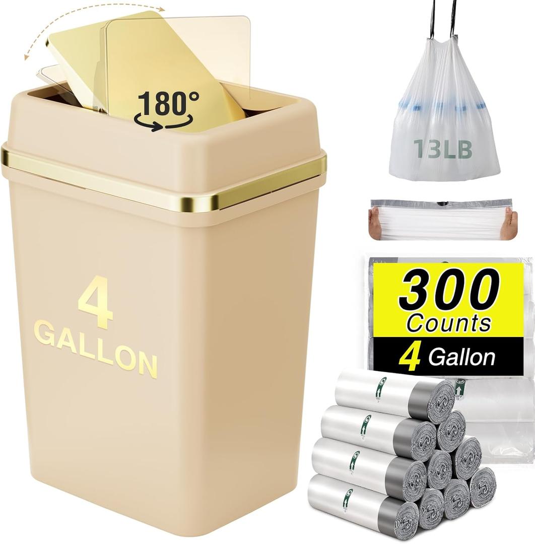 Bathroom Trash Can with Lid 4 Gallon Trash Can with Swing Lid Beige Small Garbage Can Bathroom Garbage Can with 300 Counts Trash Bags for Kitchen Bedroom Office