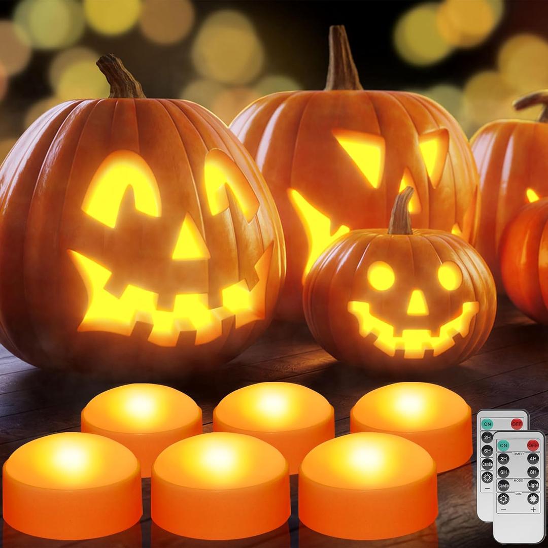 SOLLED 6-Pack Halloween LED Pumpkin Lights - Flickering Flameless Candles with Remote Control and Timer, Jack O' Lantern Lights Battery Operated for Halloween