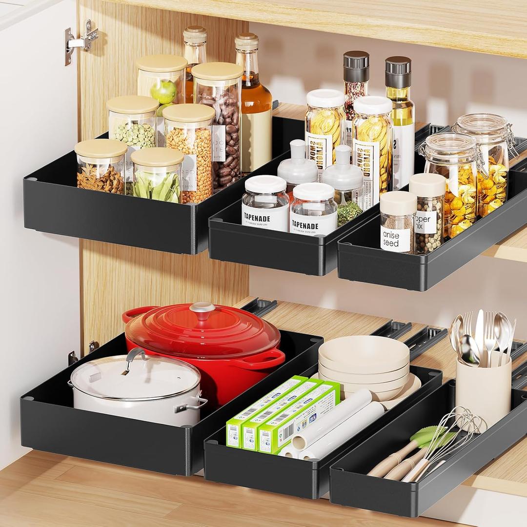 Delamu 3 Pack Pull Out Cabinet Organizer, 15.7" Deep Pull Out Drawers for Cabinets, Slide Out Drawers for Kitchen Cabinets, Bathroom Cabinet Organizer, Pantry (Black)