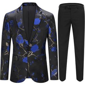 Cloudstyle Mens 2 Piece Floral Dress Suit One Button Dinner Tuxedo Jacket & Pants (Medium, Blue)