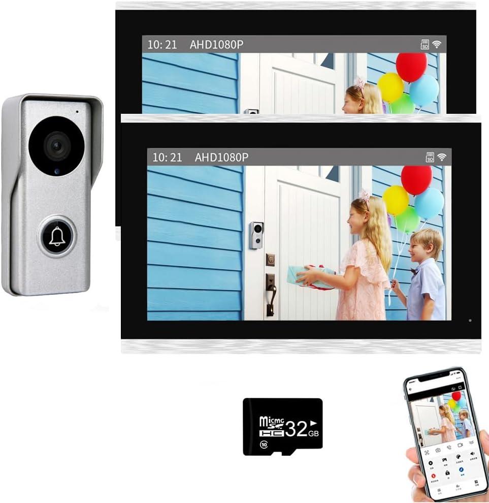 ANJIELO SMART Video Doorphone Intercom System,Wired 2 Unit 10 Inch Touch Monitor 1080P Doorbell Camera Doorphone Kit with Remote 2-Way Audio Video Unlock Record for Home Villa Apartment,32G Card