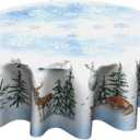 Giwawa Winter Deer Round Tablecloth 60 Inch Pine Tree Table Cloth Holiday Decorative Table Cover for Home Kitchen Dining Room Picnic Party