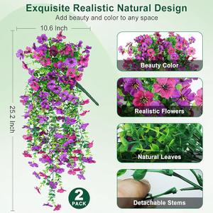 Artificial Hanging Flowers for Outdoors Decorations 2 Pack, Fake Hanging Flowers, UV Resistant Artificial Hanging Plants outdoors for Home Porch Patio Balcony Baskets Yard(Purple & Rose Red)