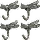 Dragonfly Hooks Wall Mounted Cloak Rack, Animal Heavy Duty Vintage Decorative Hooks, Indoor Outdoor Universal Cloak Rack Hooks for Coat Towel Robe Clothes Hats Bags Keys, Pack of 4 (Antique Silver)