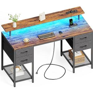 Huuger 55 inch Computer Desk with 4 Drawers, Gaming Desk with LED Lights & Power Outlets, Home Office Desk with Large Storage Space for Bedroom, Work from Home, Rustic Brown