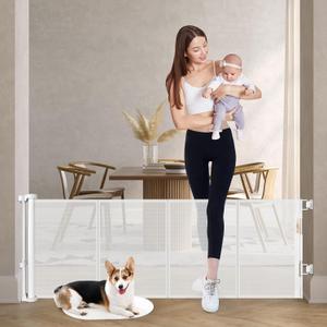 Reinforced 24 Inch Tall Retractable Baby Gates for Dogs, Short Dog Gates to Step Over, Expands 0-55 Inches Wide, Mesh Pet Gate with Support Rods, Small Puppy Gates for The House, White