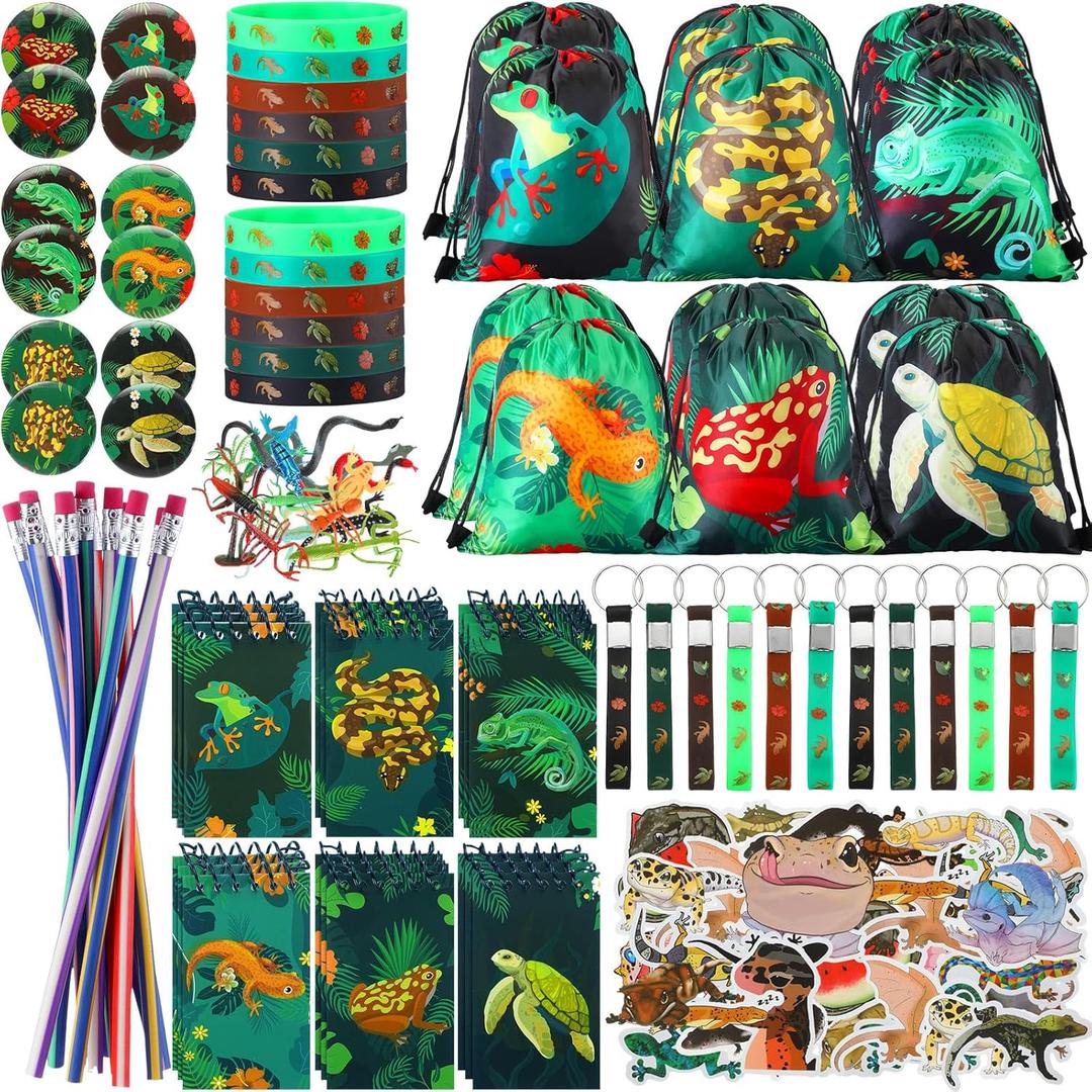 Paterr 142 Pcs Reptile Birthday Party Supplies Decorations Reptile Party Favors Bags Silicone Bracelet Wristbands Keychains Mini Notebooks Pencils Badges Stickers for Boy Girl Gift Reward