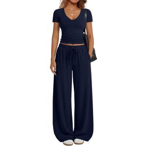 Trendy Queen 2 Piece Lounge Sets for Women Summer Outfits 2026 Fashion Two Piece Loungewear Spring Outfits Clothes (X-Small, Navy)