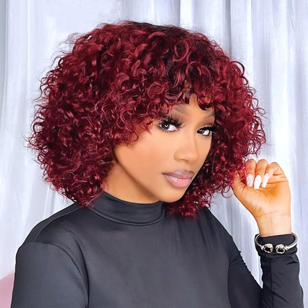Short Wigs for Black Women Glueless Ombre Curly Bob Human Hair Wigs with Bangs 200 Density Burgundy Deep Wave Bob Wig with Bangs Human Hair 99j None Lace Front Wigs 12Inch