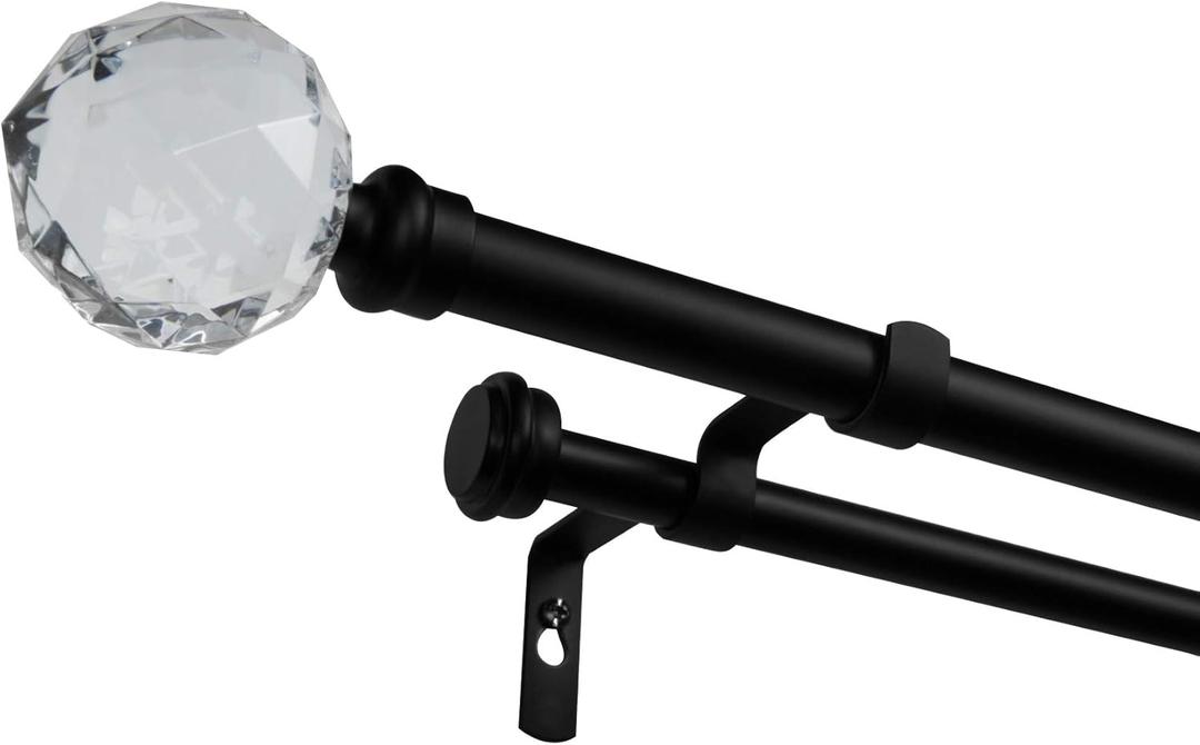 EXCLUSIVE HOME Crystal Ball Double Curtain Rod and Finial Set, Adjustable Matte Black, 36"-72"