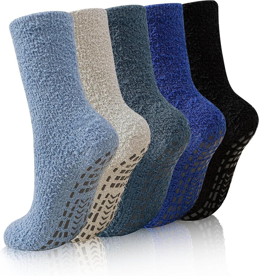 Mens Fluffy Socks With Grips Mens Slipper Socks Non Slip Winter Warm Extra Thick Plush Cabin Home Sleeping Socks (S)