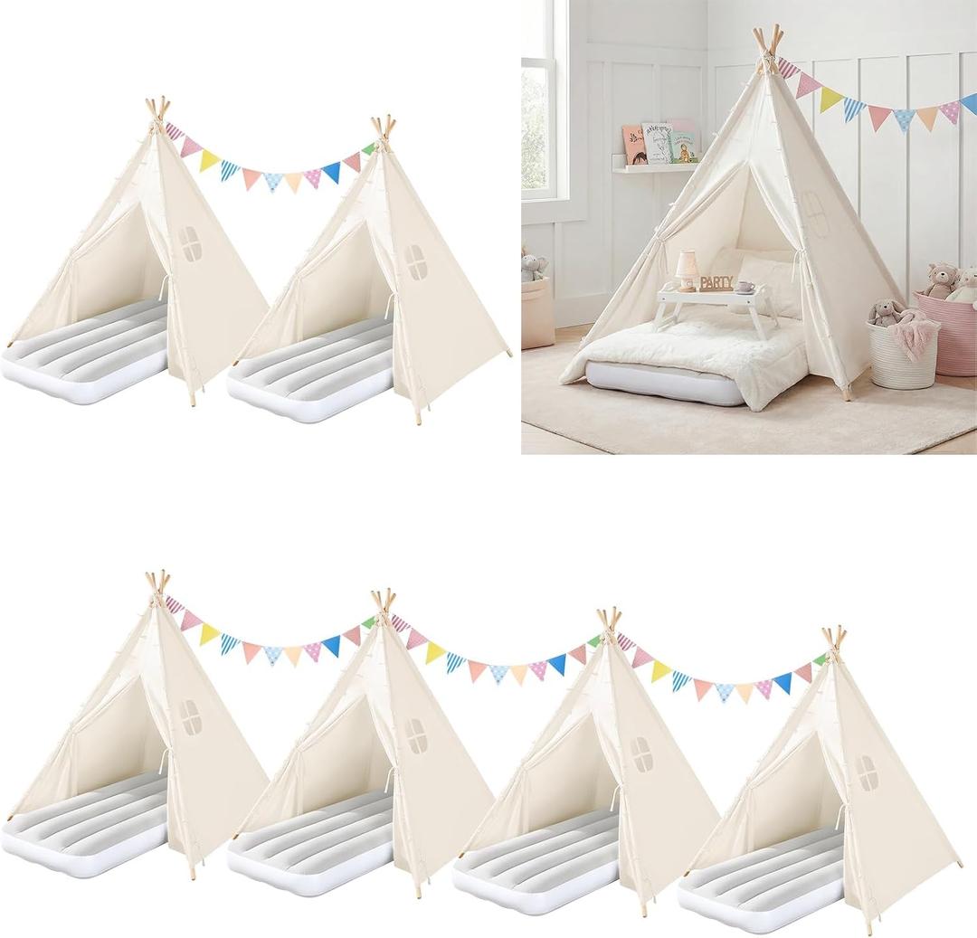 6 Pack Teepee Tent for Kids with Inflatable Airbed, Light, Indoor Toddler Sleepover Tents Children Room Tents for Slumber Party, Outdoor Kids Play Tent Play House for Girls & Boys