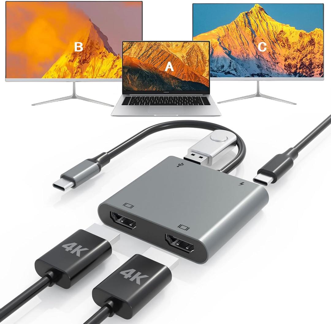 USB C to Dual HDTV Adapter, Fophmo 4K@60Hz HDTV Splitter Extend Display for Dual Monitors, macOS Only Allows Mirror Mode, Windows Allows Multi-Monitor Display 3 Separate Screens for 100W PD, USB-A Port (Grey)