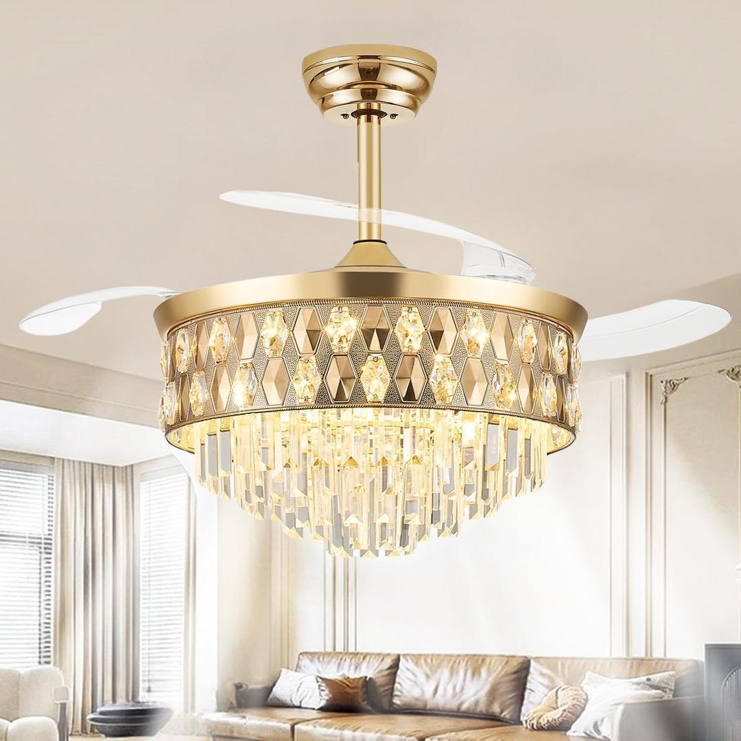 52 Inch Fandelier Ceiling Fan with Light, Chandelier Fan, Retractable Crystal Ceiling Fan Dimmable LED, 3 Color Temperatures, 6 Speeds, for Bedroom & Living Room