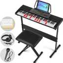 MUSTAR 61 Key Piano Keyboard, Electric Piano Keyboard with Lighted Up KeysLearning Keyboards Piano for Beginners With Piano Stand, LCD Screen, Headphones, Microphone (Black with Stool)