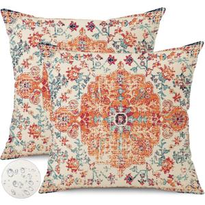 Outdoor Waterproof Pillow Covers 16X16 Inch Set of 2 - Bohemian Vintage Carpet Pattern Orange Blue Ethnic Design Decorative Farmhouse for Couch Garden Balcony