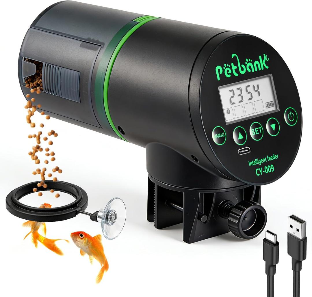 Automatic Fish Feeder - Rechargeable Timer Fish Feeder with USB Charger Cable, Fish Food Dispenser for Aquarium or Fish Tank (Black)
