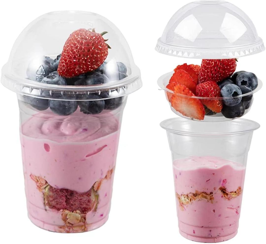 50 Sets 12 oz Clear Plastic Parfait Cups with INSERT & DOME Lids(NO HOLE) - Disposable Dessert Cups with Lids for Kids, Dips Snacks and Veggies, Fruit Yogurt Smoothie Iced Cold Drinks, No Leaking