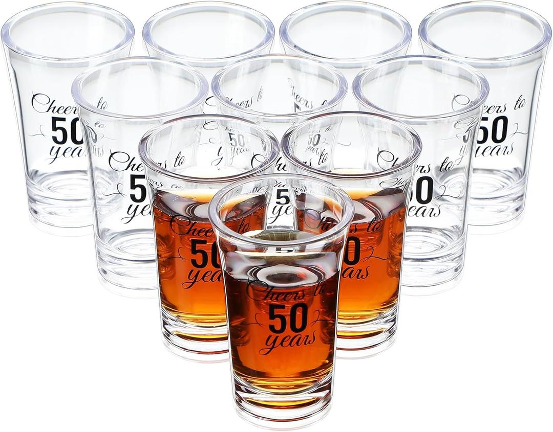Sliner 48 Pack Birthday Shot Glasses Bulk 1.4oz Cheers to 30/40/50/60/70/80 Years Shot Glass Unbreakable Thick Base Mini Clear Plastic Glass Anniversary Favors for Guests(Black,50 Years)