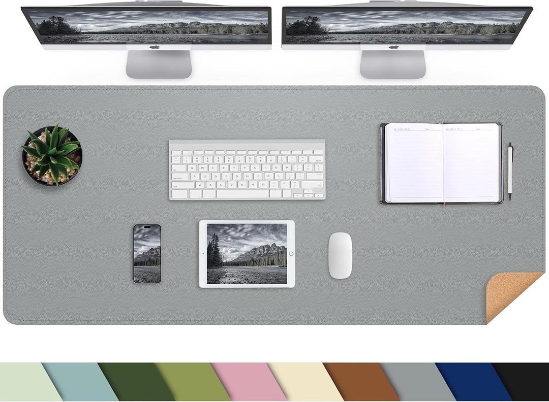 Leather Desk Protector, 47in*23.7in Large Mat with Natural Cork & PU Leather, Mouse Pad, Non-Slip Office Mat, Waterproof Writing Pad for Office and Home (Light Grey), 47in*23in
