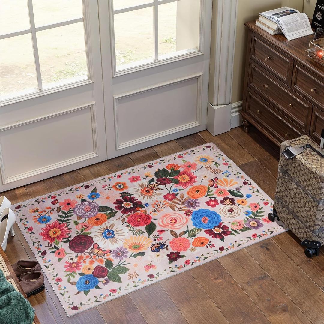 Pink/Beige Floral Rug for Entryway, 2X3 Washable Kitchen Mat Ultra-Thin Soft, Non-Slip Indoor Door Carpet Stain Resistant Boho Small Low-Pile Throw for Bathroom Bedroom (Beige/Pink Garden, 2 x 3)