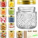 8oz Mason Jars with Gold Lids, 12 Pack with Wave and Dot Pattern, Stickers&Tags, Half Pint Glass Jars for Honey, Jam, Candies, Jelly, Spice, DIY Crafts & Wedding Favors