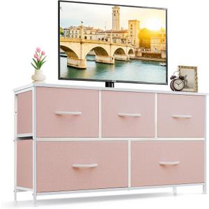 5-Drawer Dresser for Bedroom, Anti-Tip Wide Storage Organizer Fabric, 11.8"D x 39.4"W x 20.9"H