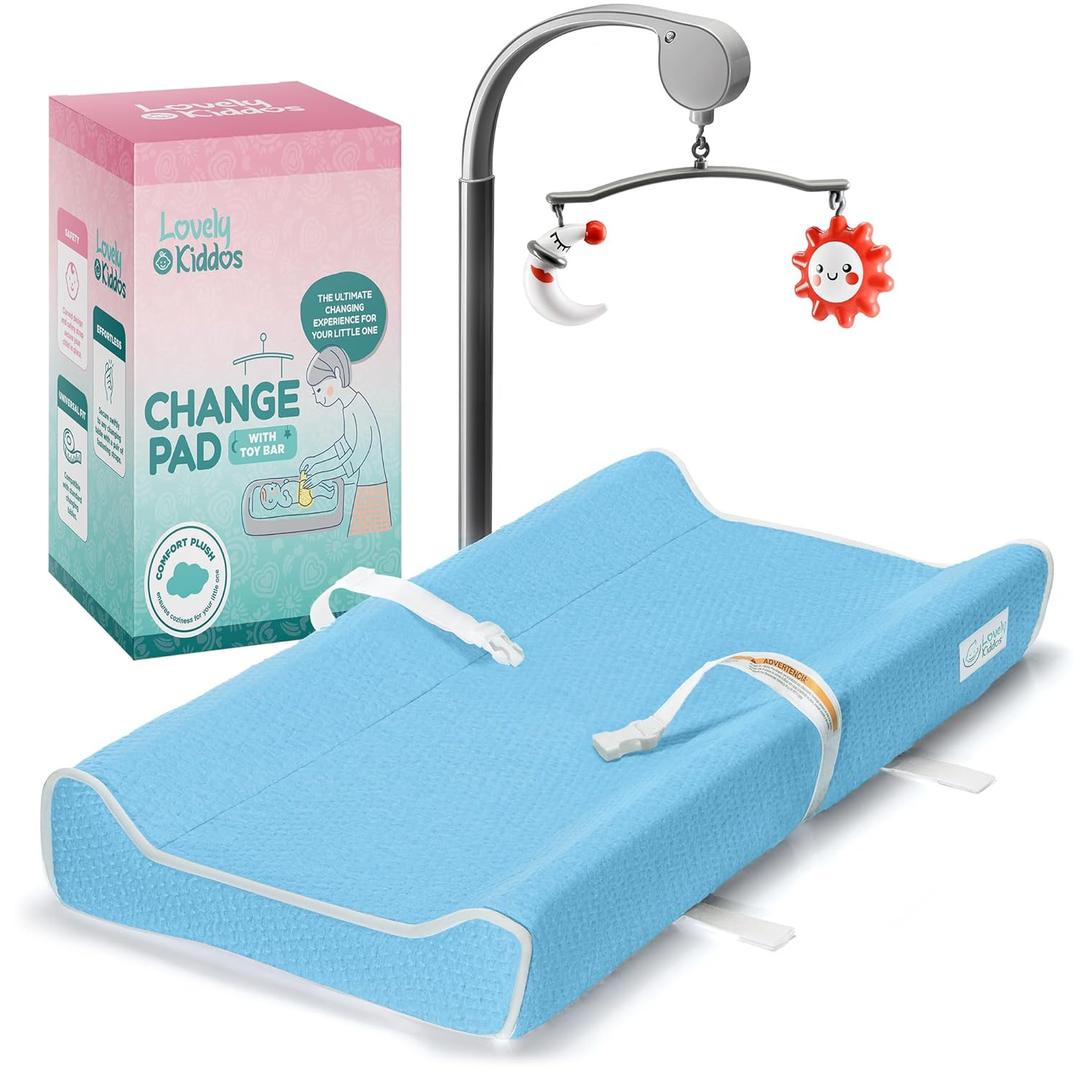 Changing Pad - Foam Contoured Baby Changing Pad for Dresser, Waterproof Diaper Changing Table Pad, Includes Soft, Removable & Washable Non-Slip Cover, Bonus Portable Toy Bar with Music Mode Included (Blue)