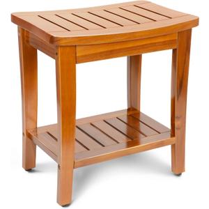 16" Compact Teak Shower Bench with Shelf, Premium Teak Shower Stool, Durable Waterproof Seat for Inside Shower, Solid Teak Wood Bench for Bathroom, Indoor & Outdoor Use